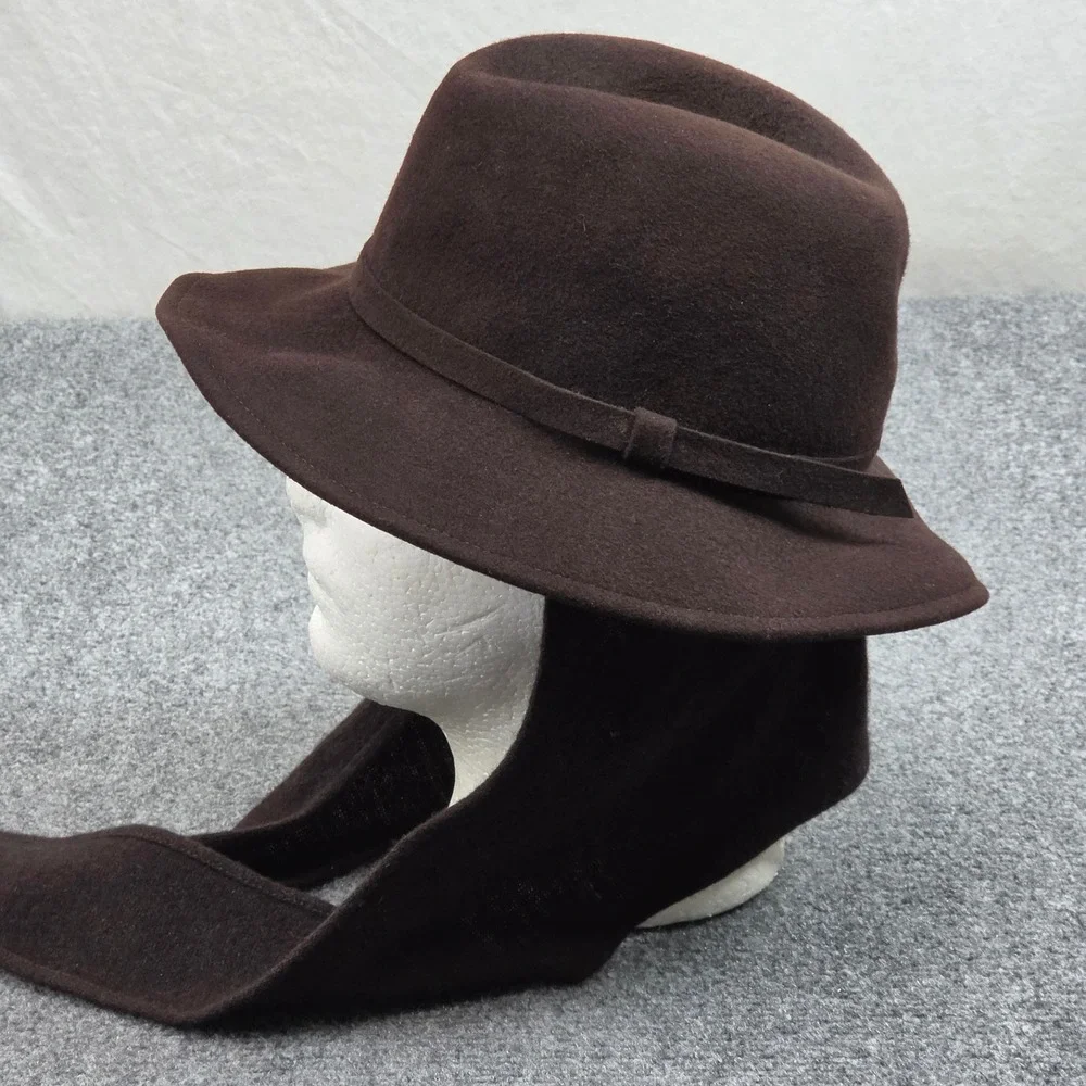 Vintage Adolfo II Doeskin Wool Felt Fedora Wide Brim Hat Brown Wrap Scarf 70s